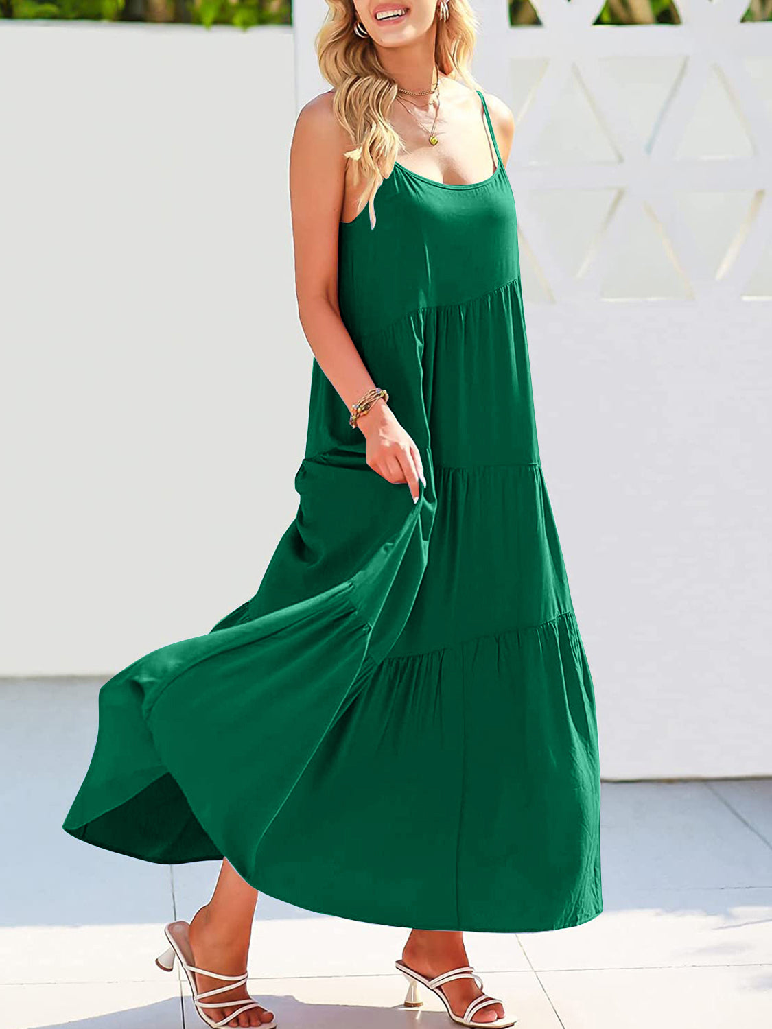 Full Size Ruched Tiered Spaghetti Strap Dress - store name